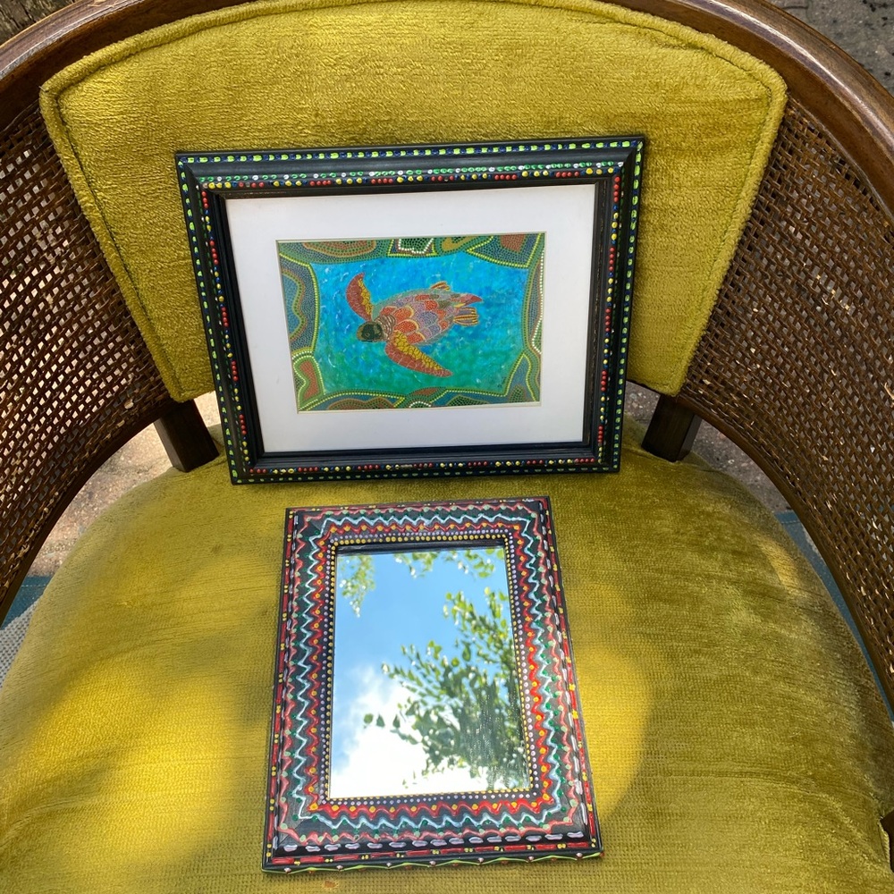 Colorful Patterned Wall Mirror and Turtle Print Set